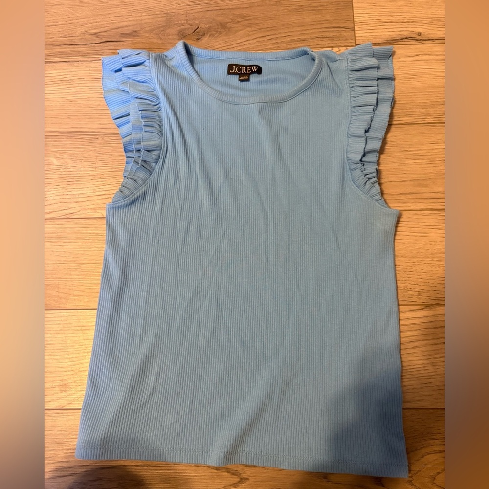 J CREW BLUE RUFFLE TOP IN VINTAGE RIB SIZE LARGE